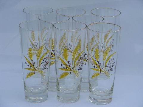 vintage gold golden wheat pattern ice tea glasses, tall glass coolers tumblers