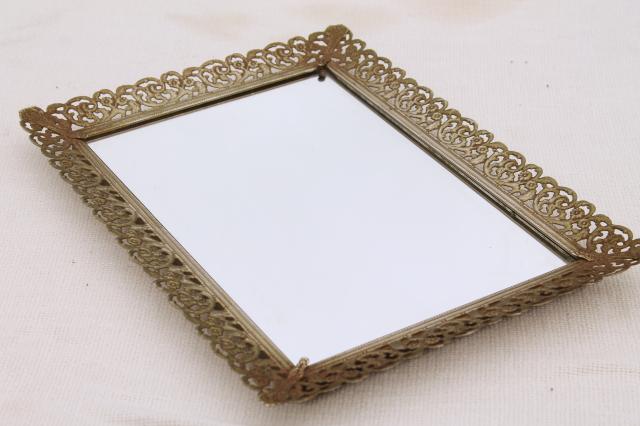 vintage gold lace filigree vanity tray mirrors, mirrored glass perfume trays