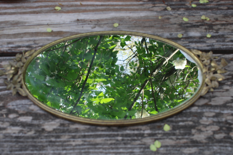 vintage gold metal frame tray w/ bird handles, hollywood regency glass mirror vanity tray