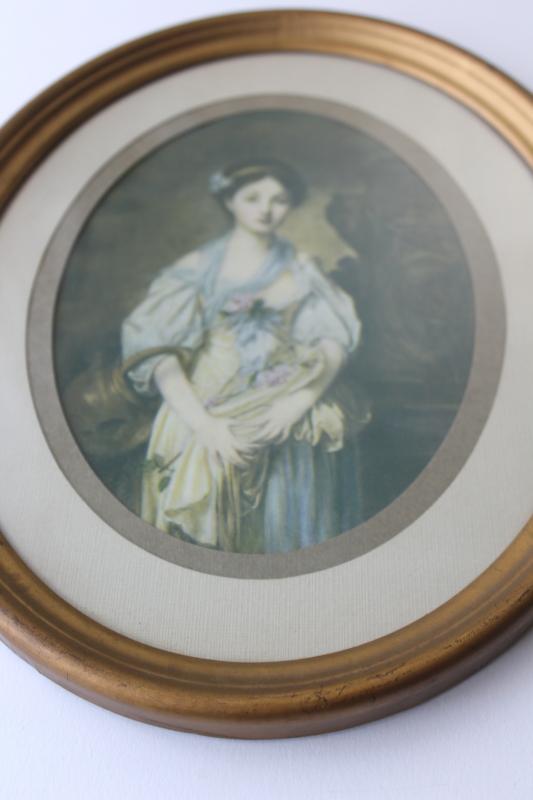 vintage gold painted tin picture frames, oval matted frames w/ romantic era prints