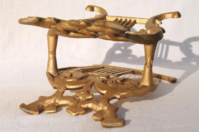 vintage gold rococo ornate cast metal lyre harp music stand / magazine rack