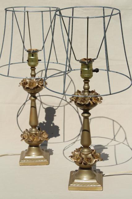 vintage gold roses table lamps w/ wire shades, shabby french / hollywood regency