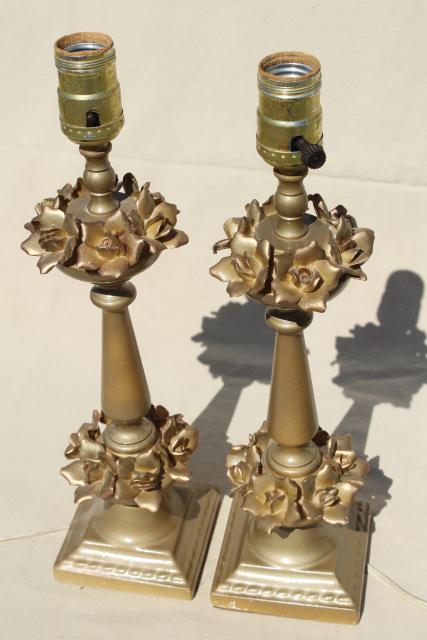 vintage gold roses table lamps w/ wire shades, shabby french / hollywood regency