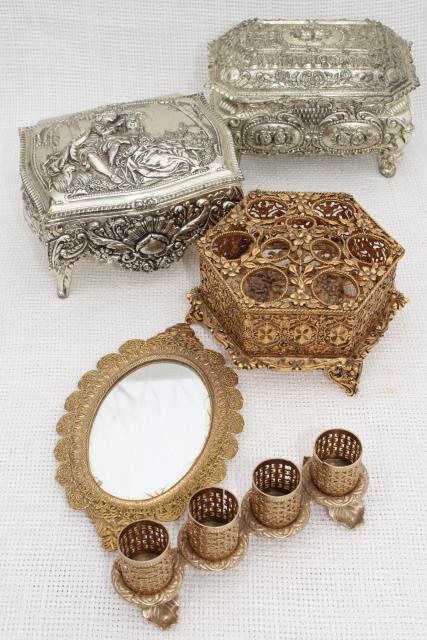 vintage gold & silver metal vanity table accessories, lipstick holders, tray, jewelry boxes