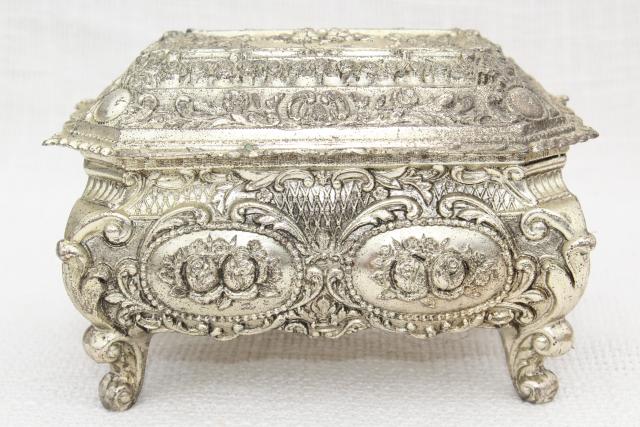 vintage gold & silver metal vanity table accessories, lipstick holders, tray, jewelry boxes