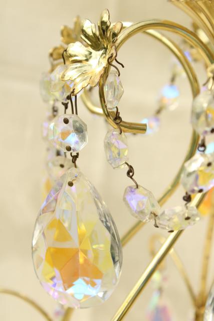 vintage gold swag lamp chandelier, hanging light w/ iridescent glass teardrop prisms