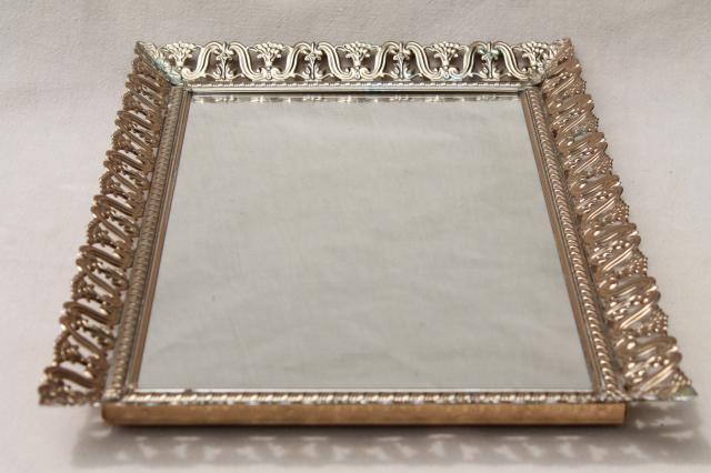 vintage gold tone metal lace filigree vanity mirror to stand, hang or use as table tray