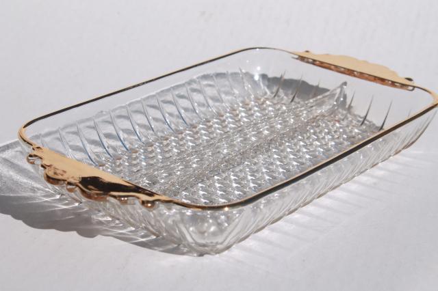 vintage gold trimmed glass salt dishes, pressed pattern salts w/ tiny spoons & tray