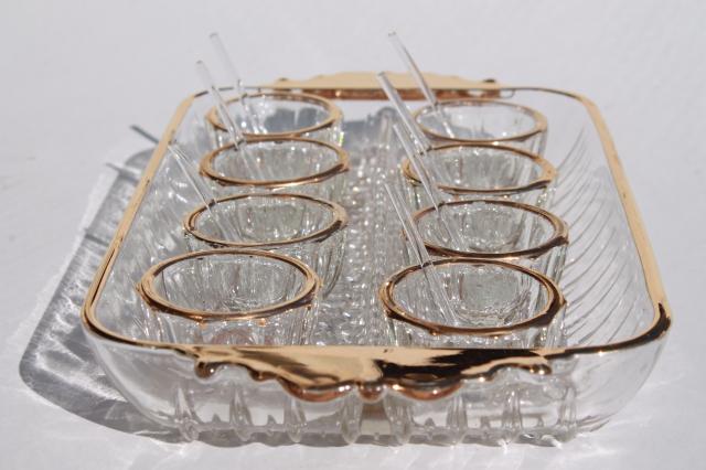 vintage gold trimmed glass salt dishes, pressed pattern salts w/ tiny spoons & tray