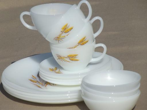 vintage gold wheat Fire-King glass dishes set for 4 plates, bowls, cups
