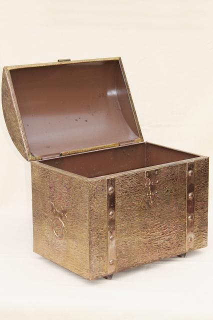 vintage golden brass treasure chest trunk, embossed tooled metal box