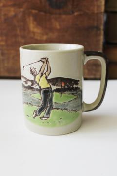 vintage golfer coffee cup, 1970s Otagiri Japan stoneware mug retro art