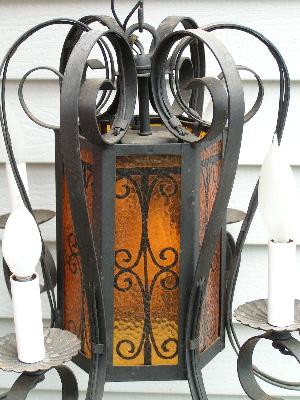 vintage gothic chandelier, painted glass panels
