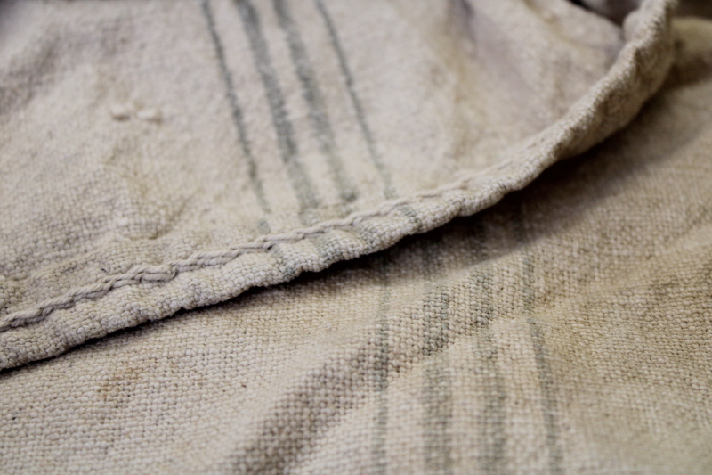 vintage grain sack, primitive cotton fabric w/ grey stripe, faded advertising Badger brand