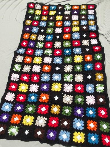 vintage granny crochet afghan, retro blanket in black w/ brights grannies