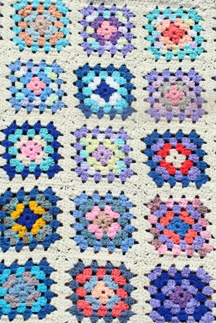 vintage granny square afghan, cozy cottage chic crochet wool throw flower garden colors
