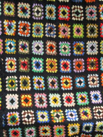 vintage granny square crochet afghan blanket, black with bright yarns
