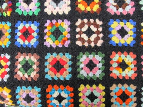 vintage granny square crochet afghan blanket, black with bright yarns