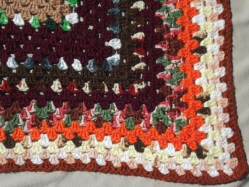 vintage granny square crochet afghan, snuggly blanket in retro fall colors