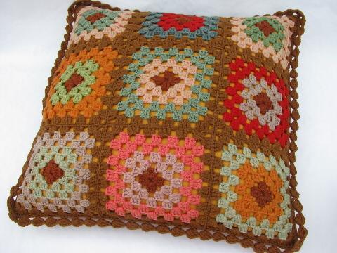 vintage granny square crochet, pair wool throw pillows