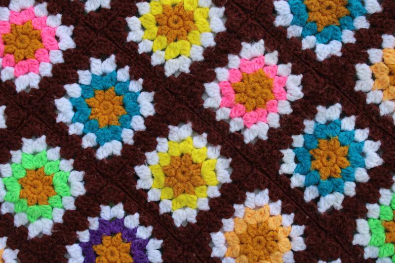 vintage granny squares crochet afghan, bright pastels w/ white and brown like garden flowers
