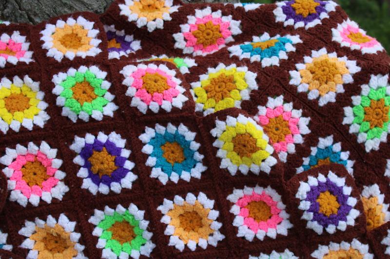 vintage granny squares crochet afghan, bright pastels w/ white and brown like garden flowers
