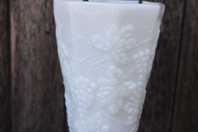 vintage grapes pattern milk glass vase Anchor Hocking translucent white glass