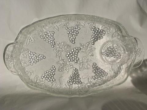 vintage grapes pattern pressed glass snack sets, crystal clear