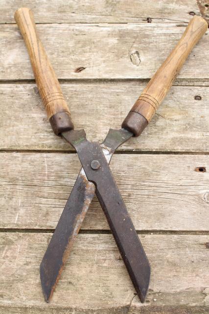 vintage grass cutters garden shears, forged steel blades w/ hickory hardwood handles