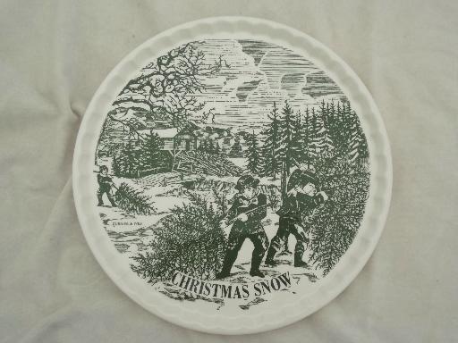 vintage green Currier & Ives Christmas Snow print cake plate or round tray