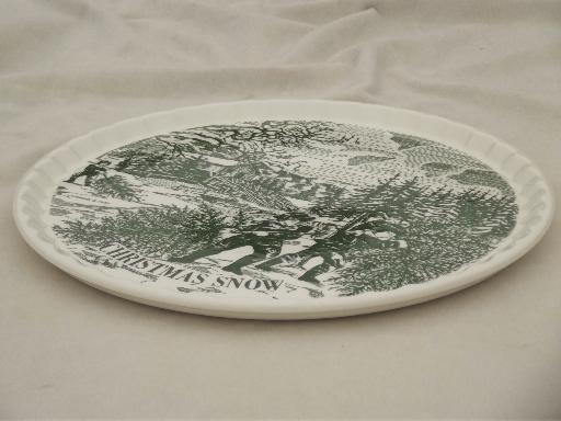 vintage green Currier & Ives Christmas Snow print cake plate or round tray