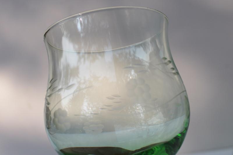 vintage green depression glass brandy glasses, tulip shape stemware w/ wheel cut floral