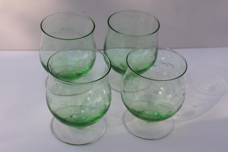 vintage green depression glass brandy glasses, tulip shape stemware w/ wheel cut floral