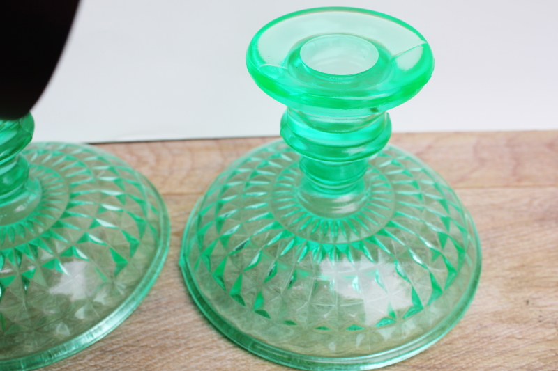 vintage green depression glass candlesticks, diamond quilted or windsor pattern