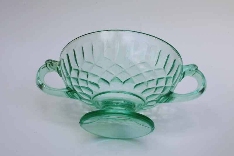 vintage green depression glass candy dish Aunt Polly pattern US Glass, 1920s 30s