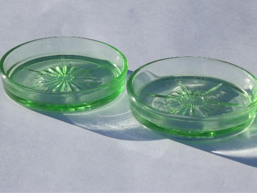 vintage green depression glass coasters, mixed patterns lot of four