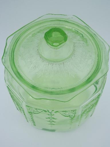 vintage green depression glass cookie or biscuit jar, canister w/ lid
