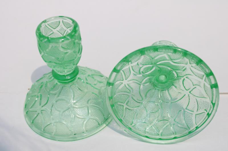 vintage green depression glass crackle cracked ice uranium glass candle holders