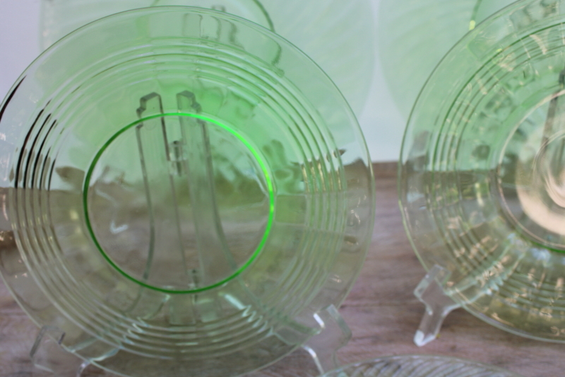 vintage green depression glass salad  dinner plates, glowing uranium glass