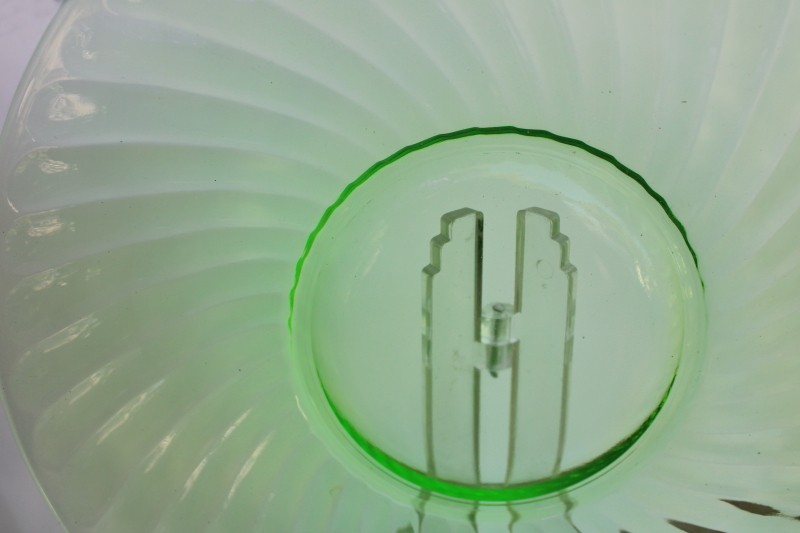 vintage green depression glass salad  dinner plates, glowing uranium glass