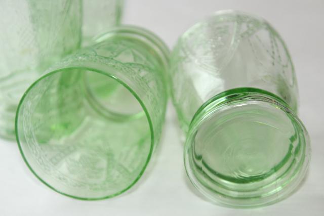 vintage green depression glass tumblers, Federal Georgian Lovebirds pattern glasses