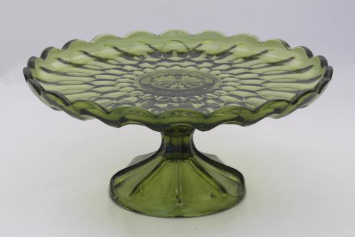 vintage green glass cake stand, Fairfield Anchor Hocking pedestal dessert plate