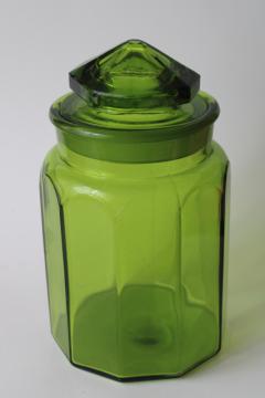 vintage green glass canister jar, L E Smith paneled pattern nice replacement jar chipped lid