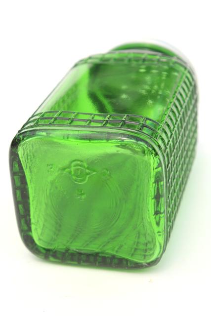 vintage green glass canister jar, square waffle glass hoosier spice set bottle w/ metal lid