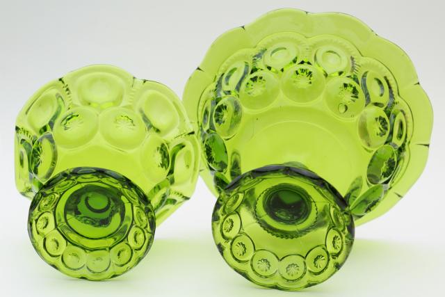 vintage green glass compotes, moon & stars pattern pedestal bowls, large and small