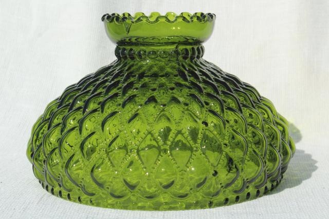 vintage green glass lampshade, large quilted diamond pattern glass shade 
