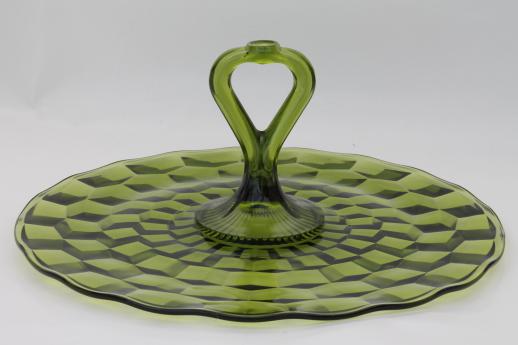vintage green glass sandwich plate, Whitehall Indiana cube pattern serving tray with center handle