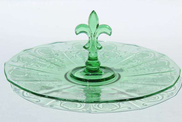 vintage green glass serving tray, sandwich or cake plate w/ center handle, Fostoria Vernon etch