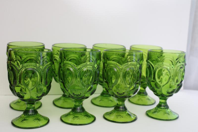 vintage green glass water goblets or big wine glasses, moon and stars pattern pressed glass