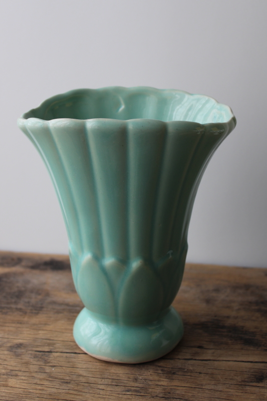 vintage green glaze USA pottery vase deco water lily mid-century modern ceramic